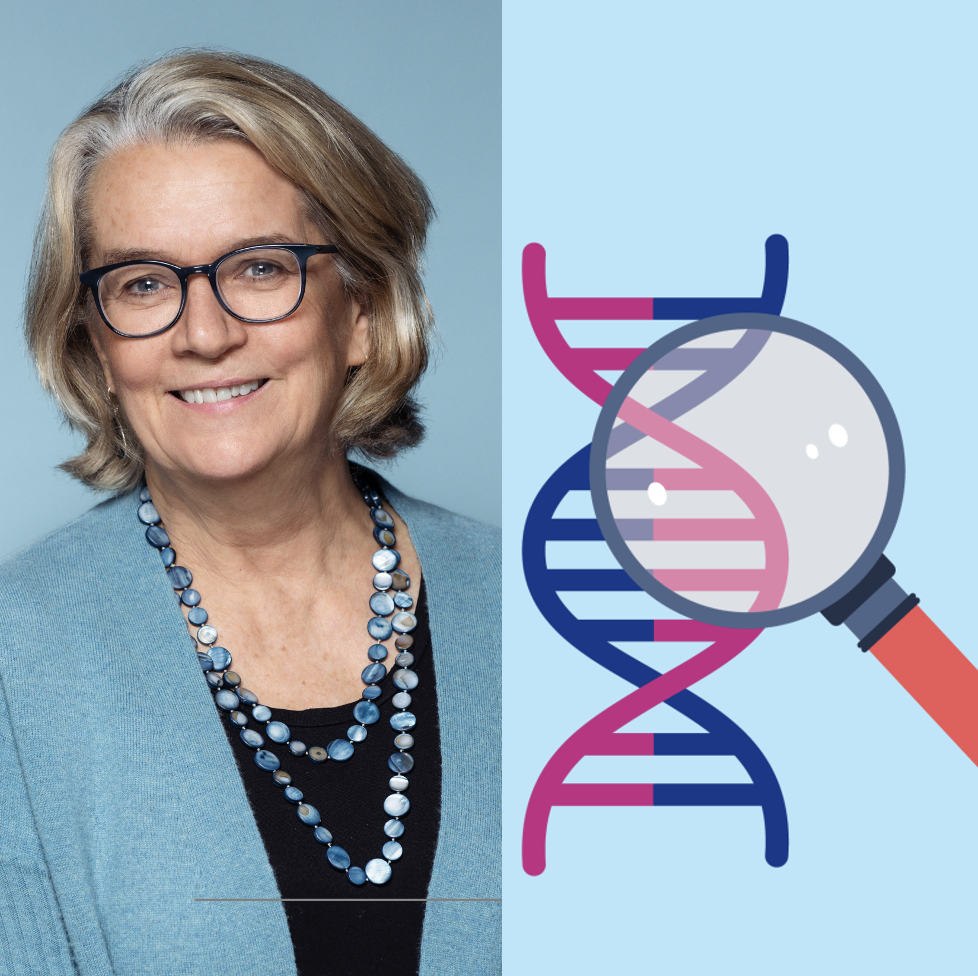 Professional headshot photograph of Dr. Mary Norton next to a DNA helix with magnify glass